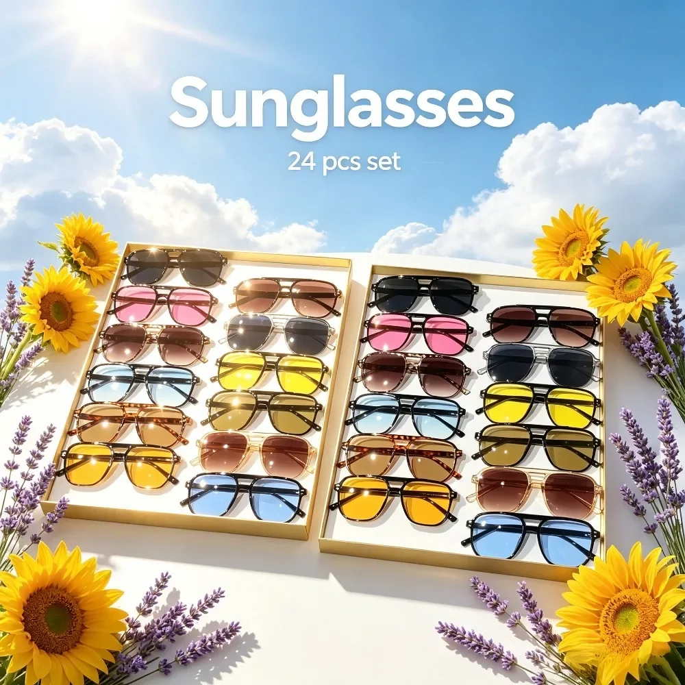 24 Pairs of Family New Square Rice Nail Toad Sunglasses, Unisex Sunglasses, Versatile Fashion Trend Glasses, Suitable for Daily Wear, Photography and Going Out, The Most Preferred Party Gifts, Random Colors
