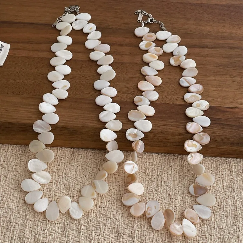 

Minar Textured White Print Water Drop Shaped Natural Shell Beaded Necklace for Women Mujer Silver Plated Copper Strand Chokers