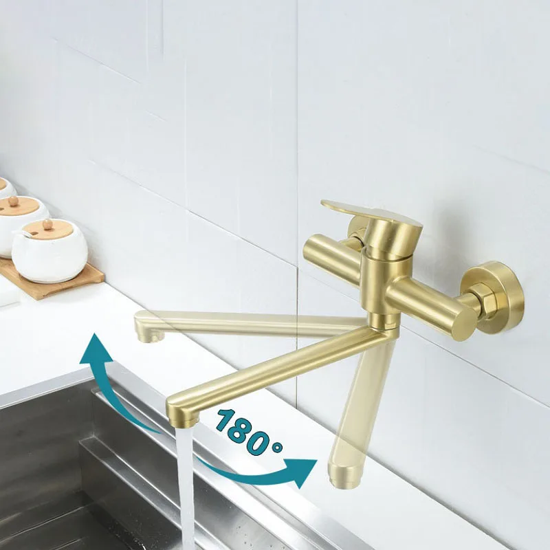 In-Wall Brushed Gold Extra Long Spout Kitchen Sink Faucet 180° Rotation Folding Spout Bathroom Bathtub Mixer Tap Stainless Steel