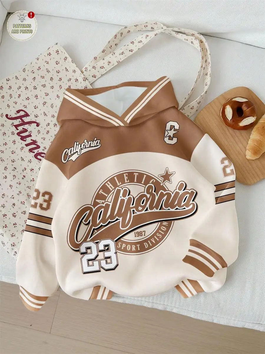 

Детская толстовка в винтажном стиле с кремово-коричневым принтом, свободного кроя, повседневная, с длинными рукавами