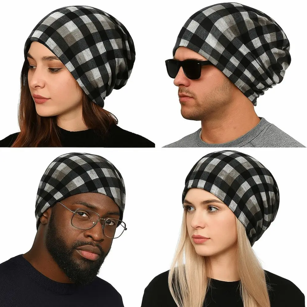 Contrasting Colors Pullover Hat Multifunctional Plaid Print Casual Hedging Cap Scarf Pullover Hat Keep Warm Women's Pile Hat