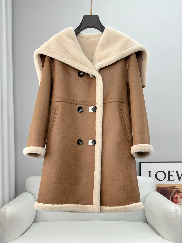 Two sided sheep shearing fur coat for women, medium and long, 2024 winter new model, lamb fur hooded jacket