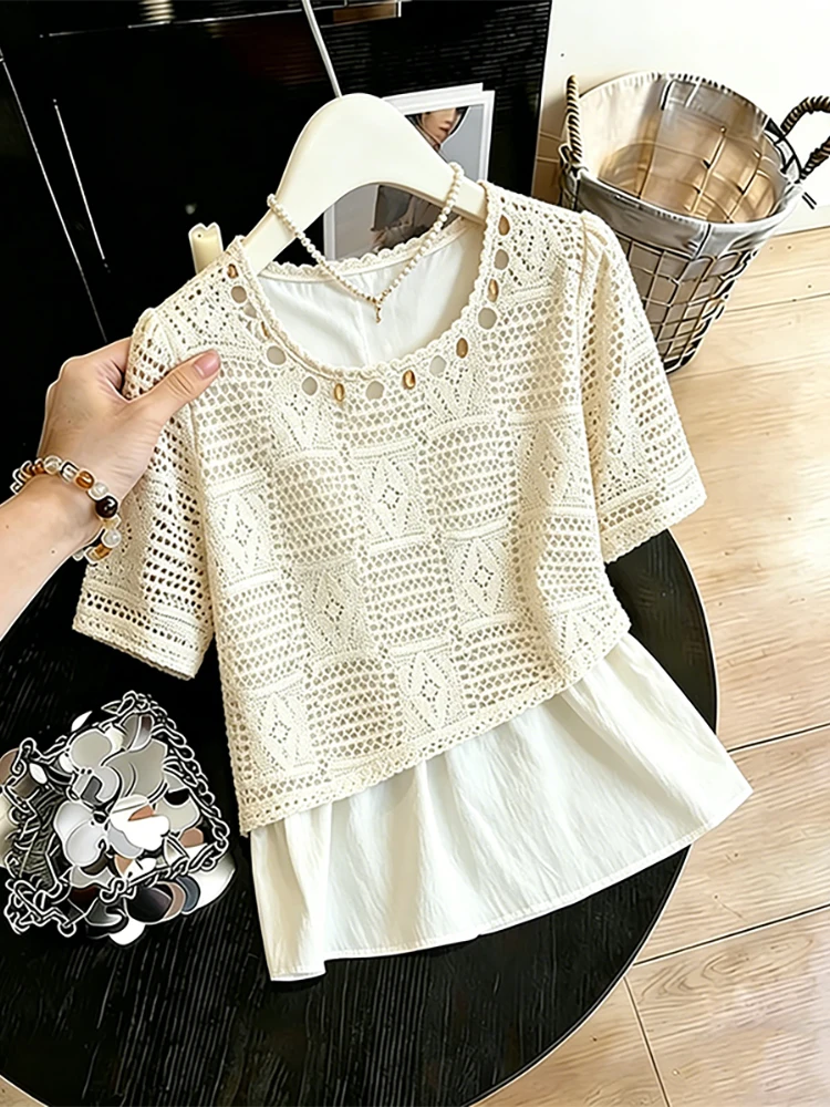 

plus Size Women's Summer Shirt Hollow out Design Slimming Meat Covering Shoulder Appropriate Top Korean Style Commute Wind