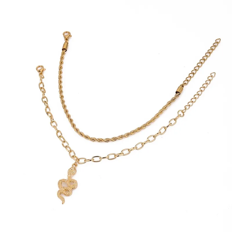 2 Pieces/set Women Fashion Twist Double Layer Anklets Snake Pendant Chain Anklet For Women Beach Style Jewelry