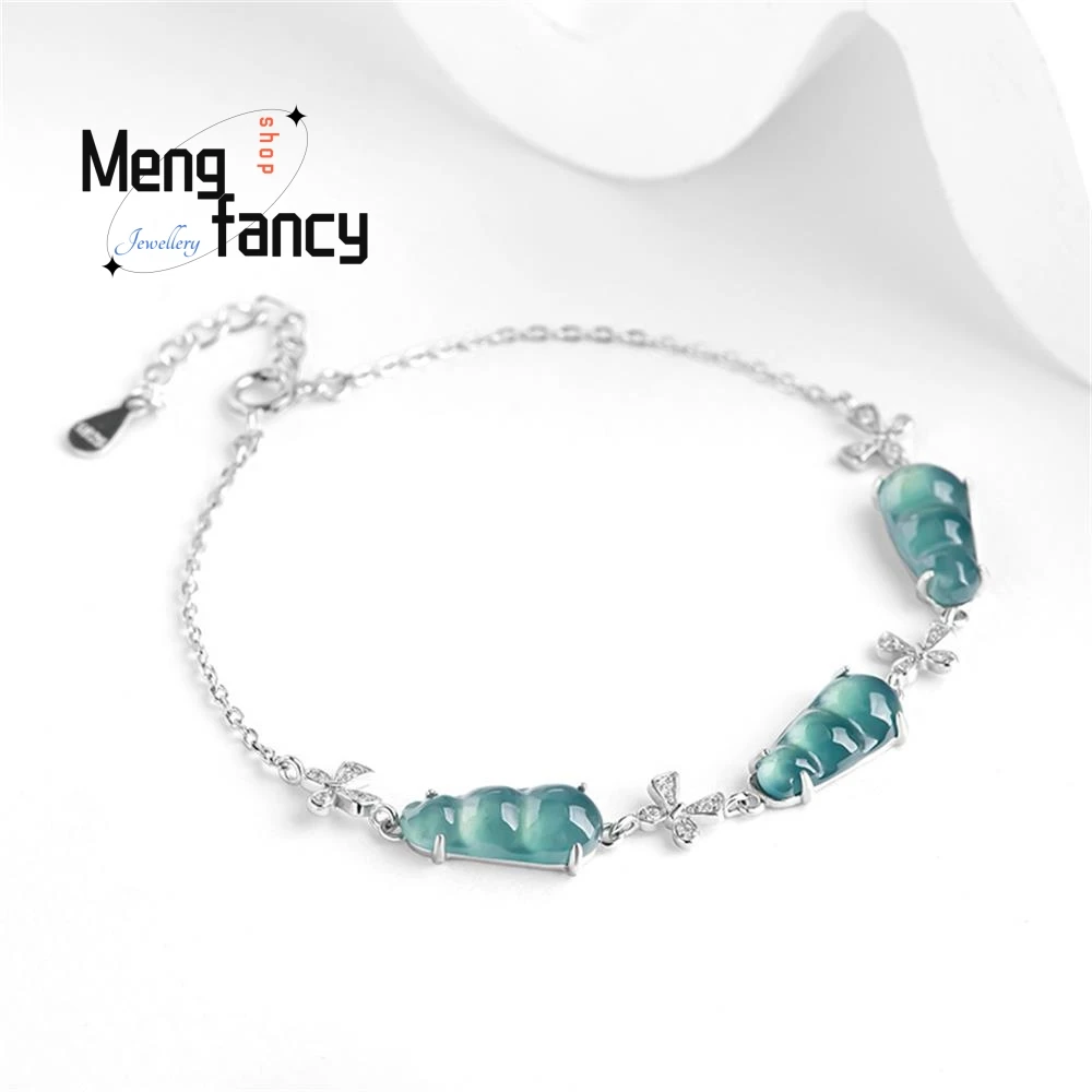 Natural A-goods Jadeite Blue Water Blessed Beans S925 Silver Inlaid Bracelet Ice Jade Exquisite Elegant High-grade Holiday Gifts