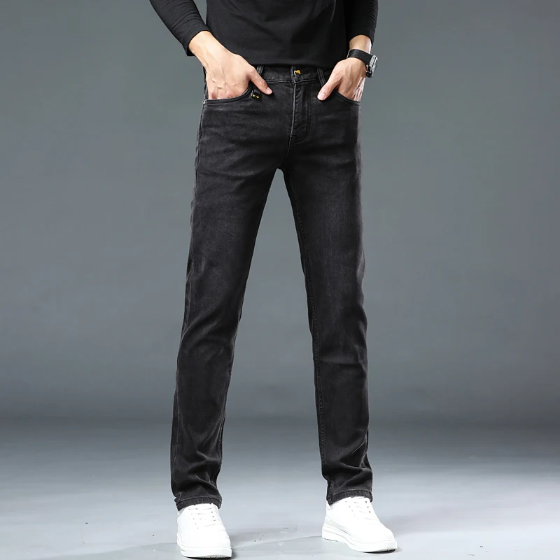 High-end Korean version of the black and gray pocket printed jeans tide men's gang handsome Slim versatile thin stretch pants