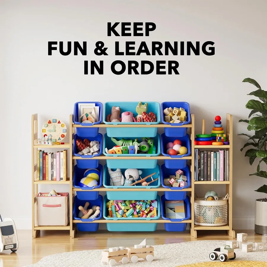 Toy Storage Organizer with 6 Shelves and 12 Bins for Bedroom and Playroom: Functional Bin Shelf with 12 Storage Bins Blue and N