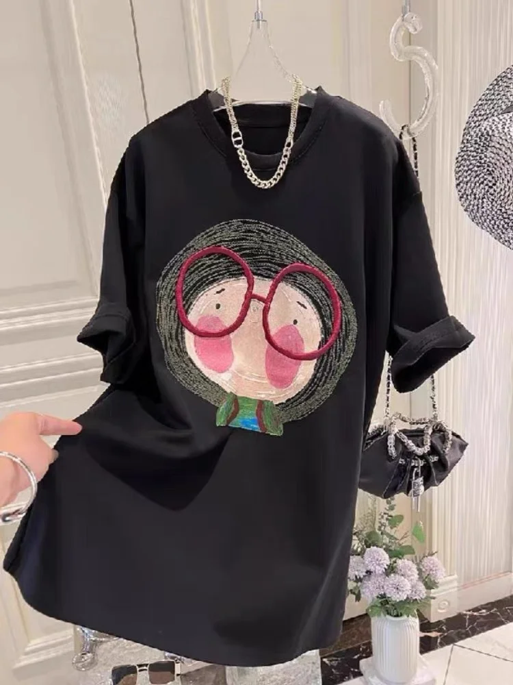 Extra Large Size Women's Thickened Short Sleeve T-Shirt Spring Autumn Winter Loose Slimming Embroidered Base Shirt Top