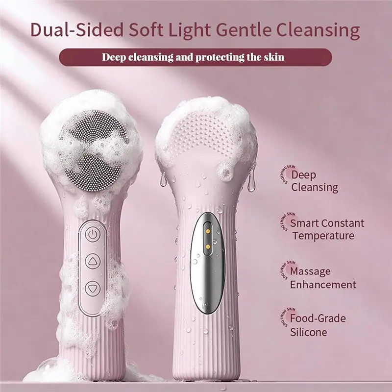 【OFF SHELF】 Brosse électrique imperméable pour le visage pour femme, brosse de nettoyage du visage en silicone 2 en 1 avec massage thermique, épurateur pour le visage