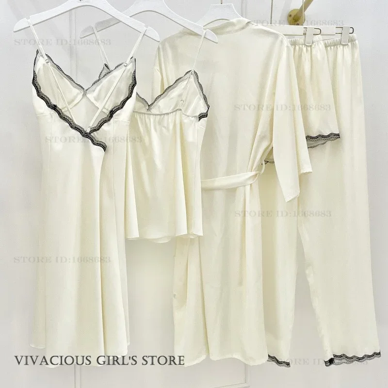 

Spring Summer New 5PCS Pajamas Set Womens Sleepwear Sexy Lingerie Bathrobe Pijamas Suit Loose Ice Silk Homewear Loungewear