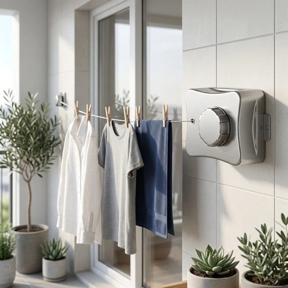 Stainless Steel Retractable Wall‑Mounted Clothesline, Space‑Saving Retracting Drying Rack For Balcony And Bathroom Household Use