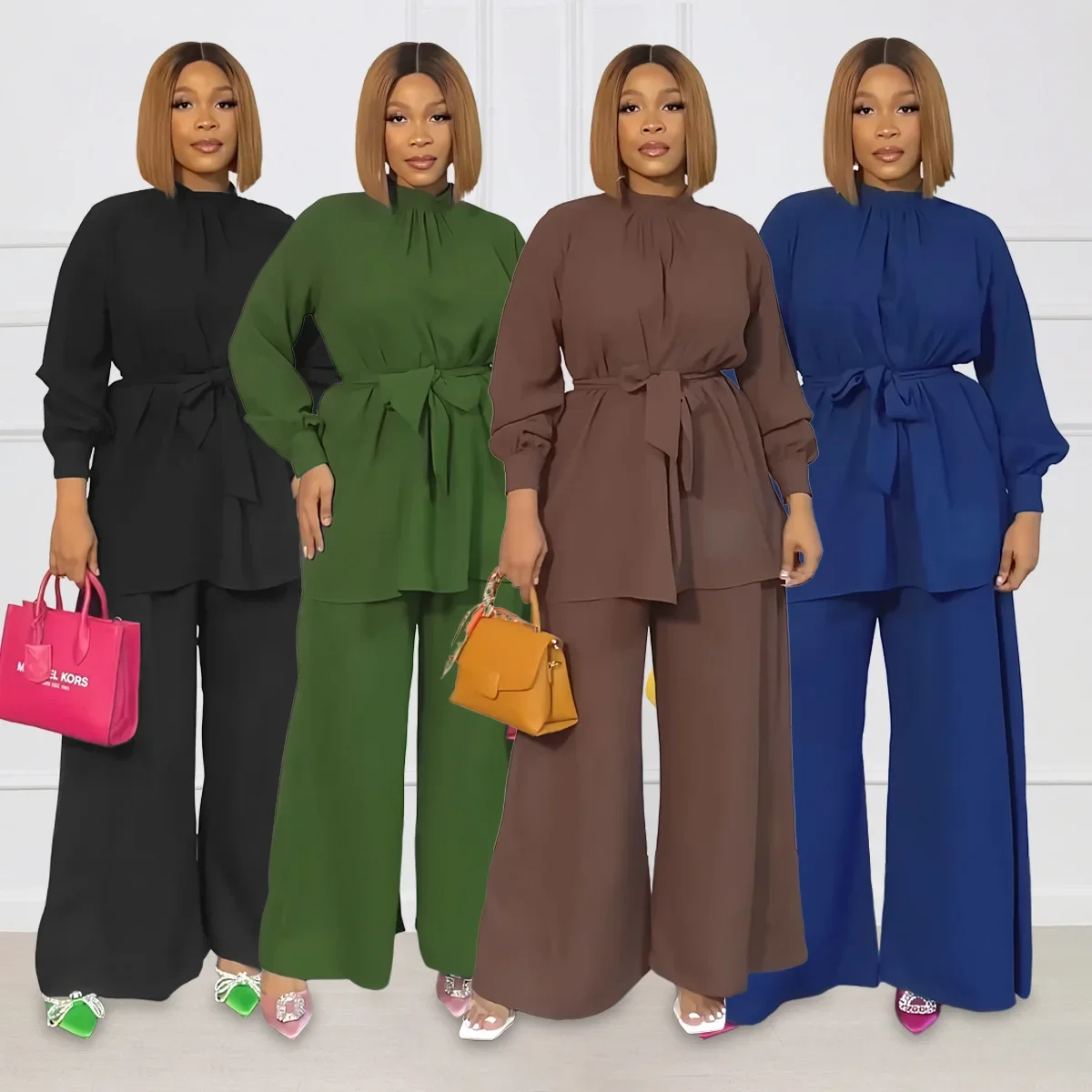 

Two Piece Sets Women Solid Blouse Wide Leg Pants Suit Tops Tight Waist Sashes Trousers Loose Ensemble Temperament Outfits