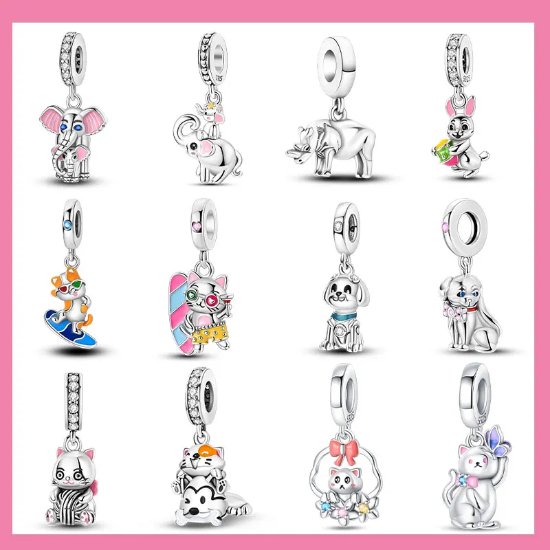 

925 Silver Color Cute Cat Blue Moon Owl Rabbit Mermaid Animal Charms Pendants Fit 925 Original Bracelets DIY Jewelry