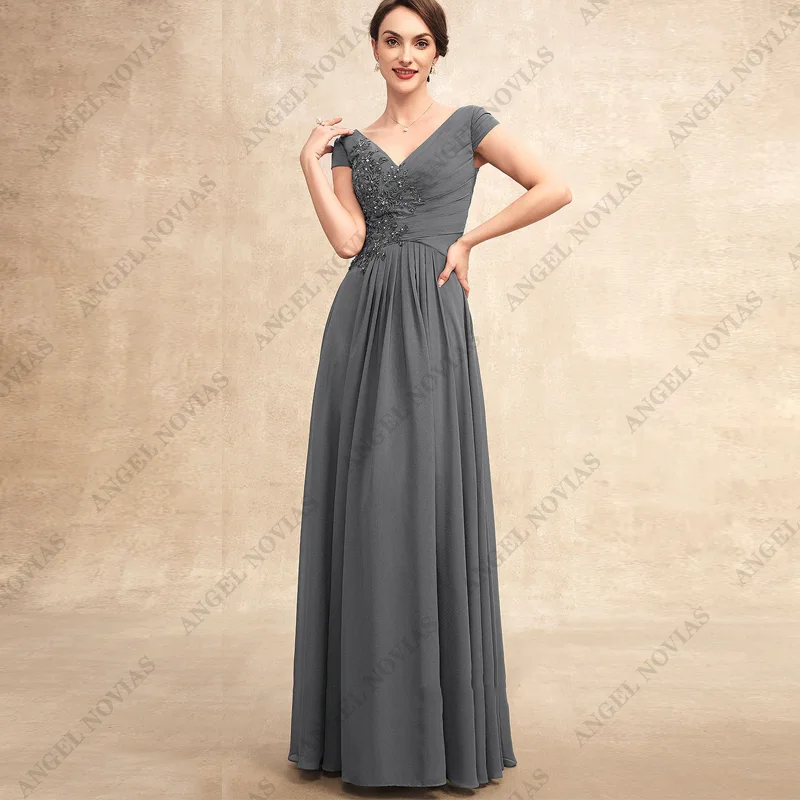 

Customized Long Grey V Neck Mother of the Bride Dresses with Cap Sleeves Wedding Party Dress vestidos para madre de novia 2024