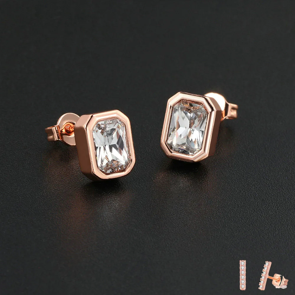 Simple Classic Stud Earrings For Women Multicolour Geometric Square Zircon Rose Gold Color Ear Jewelry Wholesale Gifts KCE126