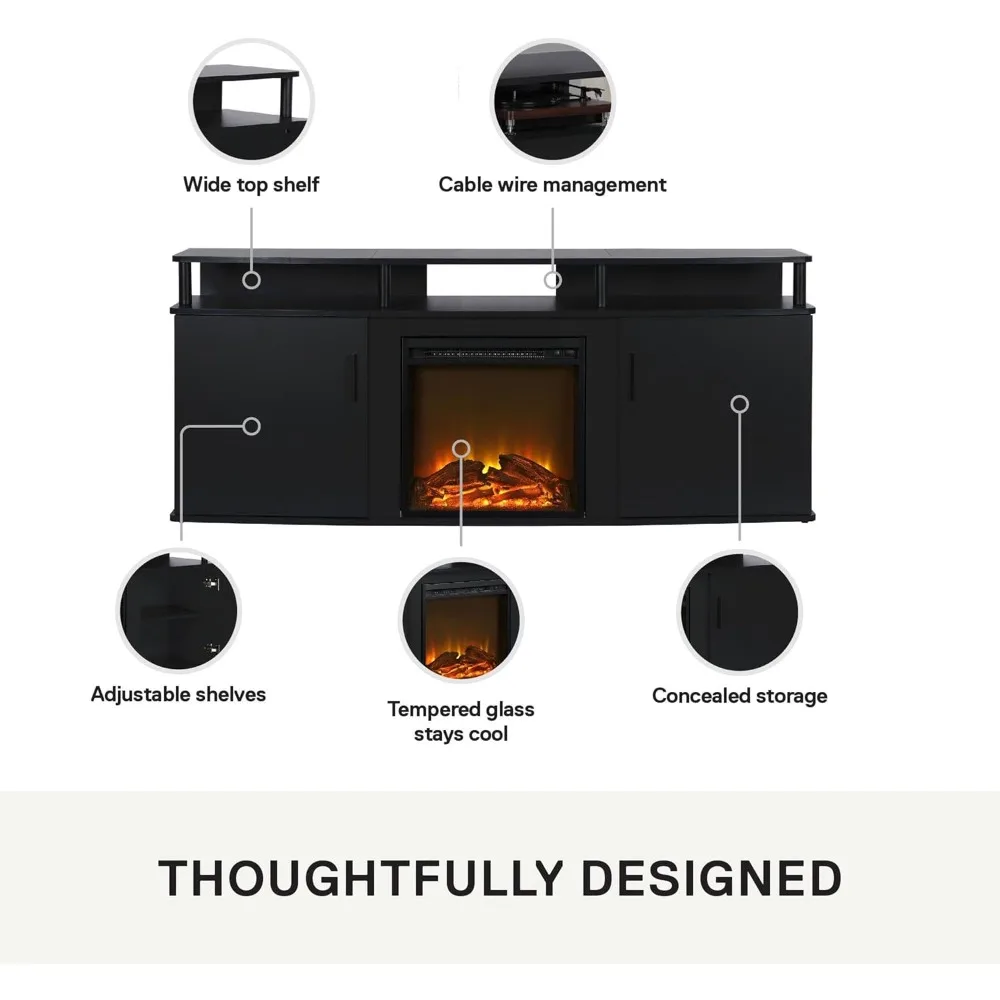 Fireplace TV cabinet for TVs up to 70 inches, replaceable electric fireplace plug-in heater, realistic logs and flame effects