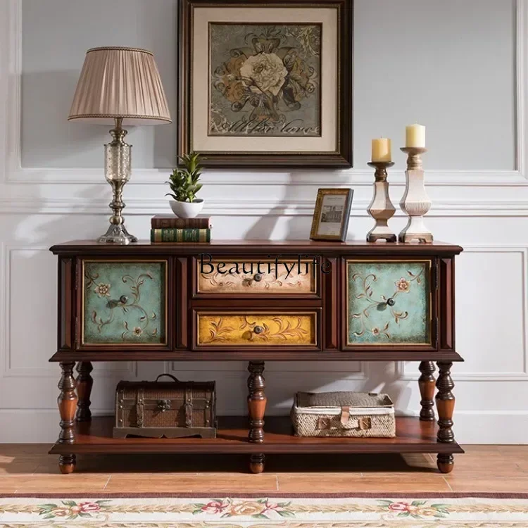 

American-Style Solid Wood Vintage Sideboard Hand Painted Entrance Cabinet Living Room Curio Cabinet