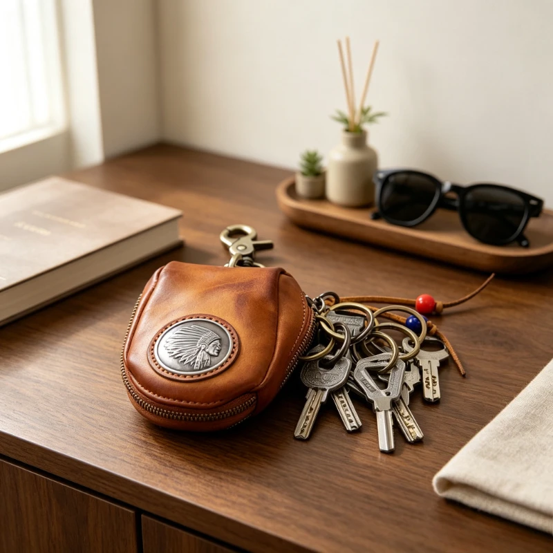 Top Grain Leather Key Pouch Distressed Vintage Car Key Holder Genuine Leather Key Case with Keychain Home Auto 빈티지 가죽 키지갑
