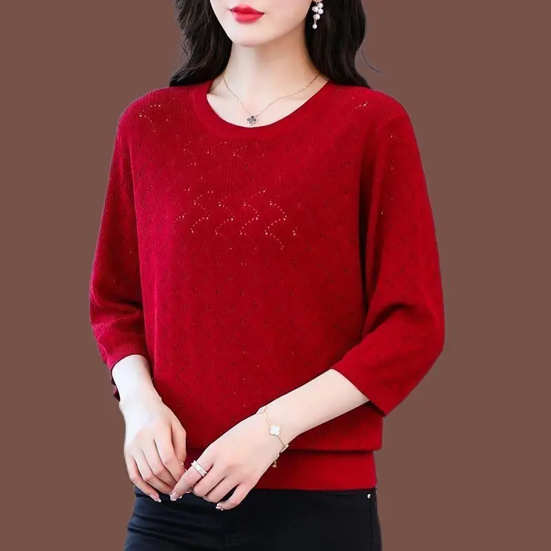 Spring Autumn Women Clothing Hollow Out T-shirt Elegant Vintage Solid Tees Female New 3/4 Sleeve Pulover Fashion Casual Tops 6XL