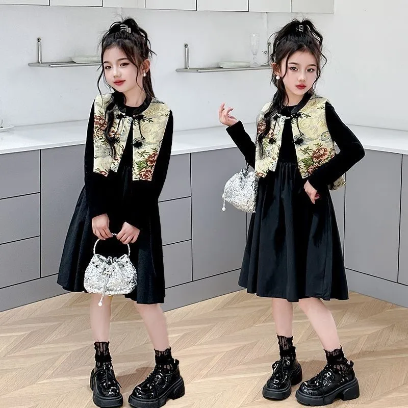 2026Girls' Spring/Autumn Long Sleeve Dress Children's Chinese Vest Skirt 2-piece Set Kids' Trendy Ancient Costume Tang Set LJ291