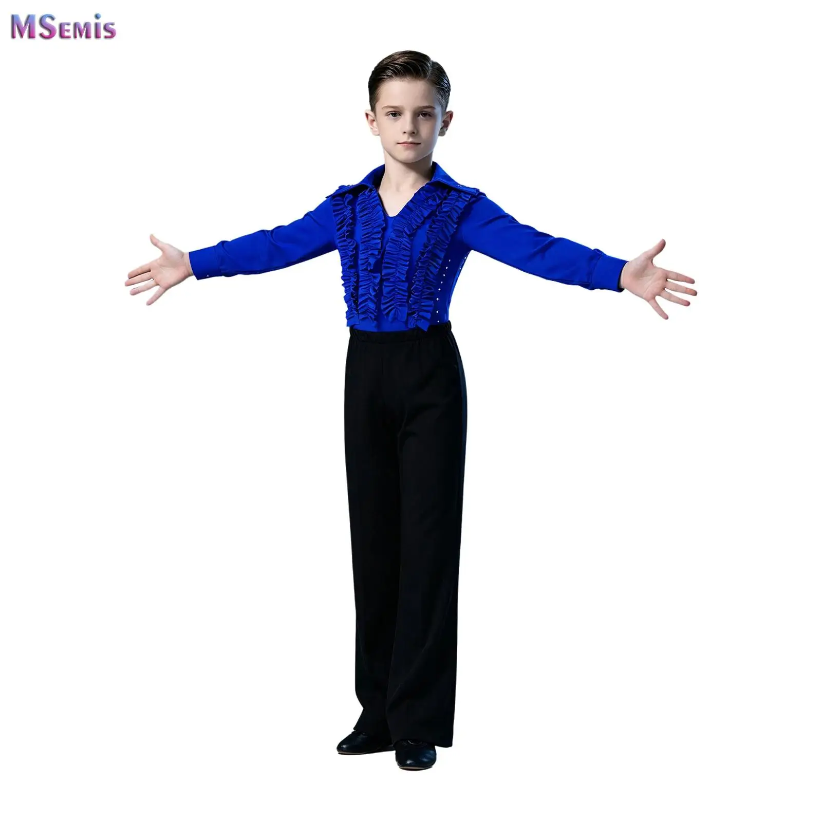 Kids Boys Latin Dance Set Long Sleeve Ruffles Rhinestone Leotard with Pants Outfit for Rumba Tango Ballroom Stage Performance