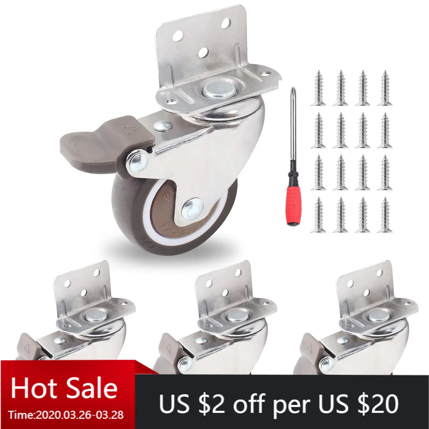 

Side-mount casters, 4-piece set of 2-inch small L-shaped rubber casters, 360-degree ball-bearing swivel casters for furniture