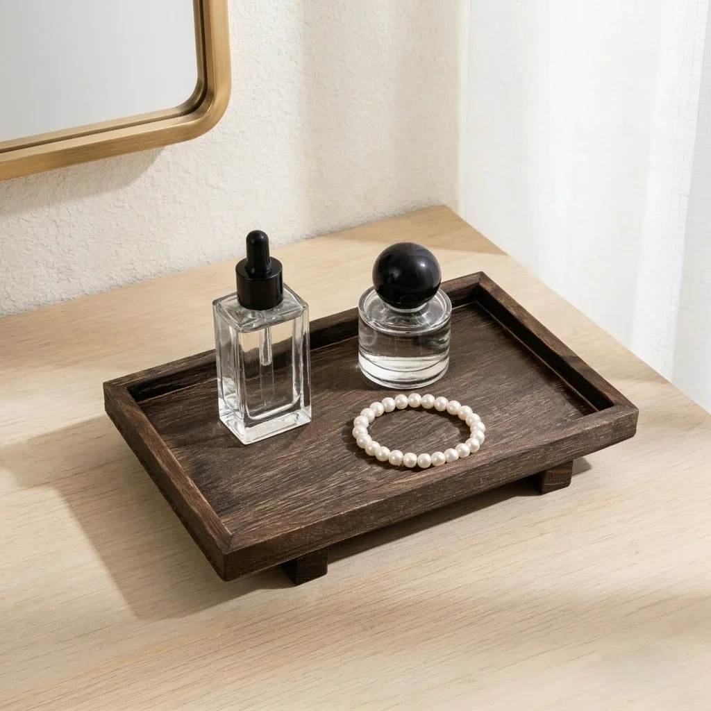 Retro Wooden Desk Storage Tray Bathroom Cosmetics Organizer Perfume Decoration Jewelry Storage Shelf Anti-Slip Desk Decor Tray view 2