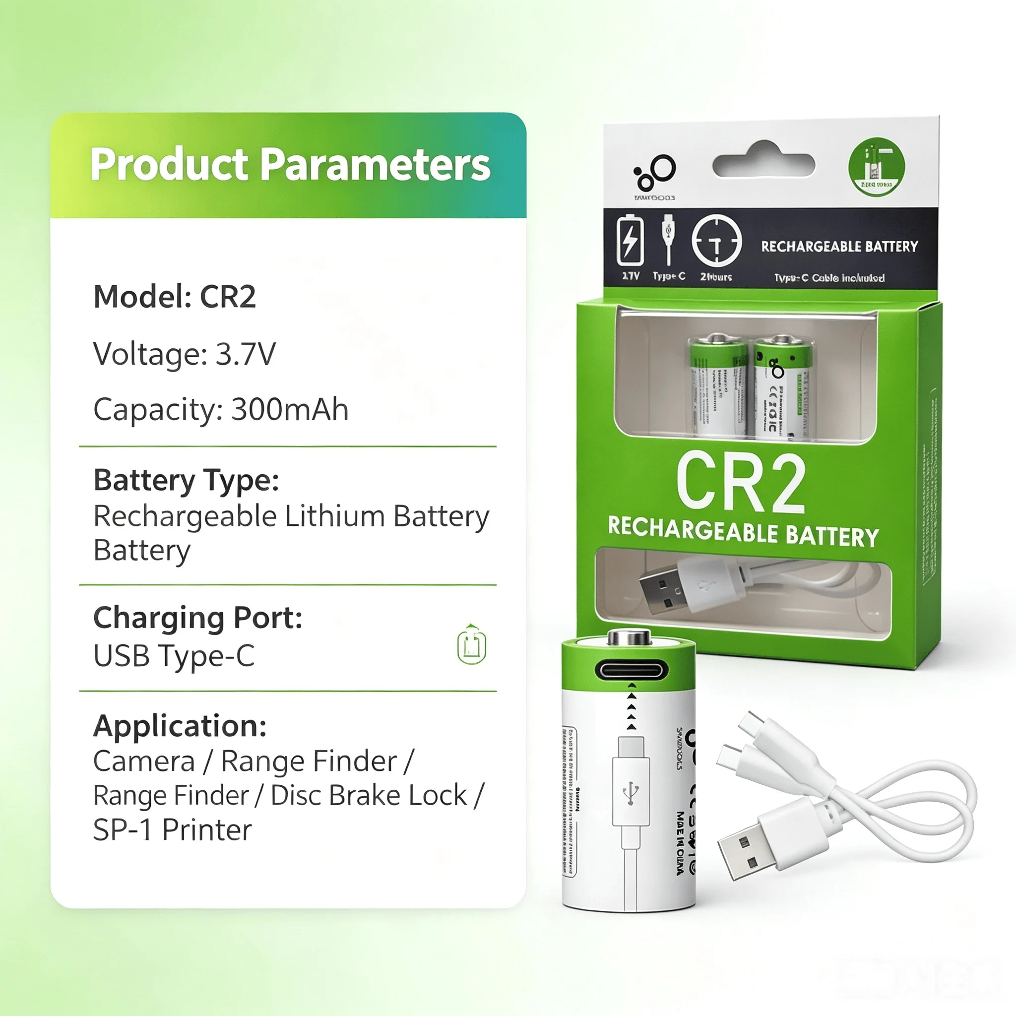 3.7V CR2 USB Rechargeable Lithium Battery For Camera Range Finder Disc Brake Lock SP-1 Printer Electronic Devices