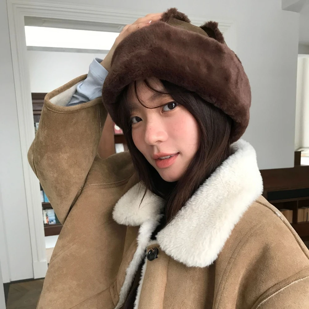 Winter Padded Suede Ladies Fisherman Hat Korean Ins Retro Plush Warm Watermelon Hat Outdoor Windproof Ear Protection Hat