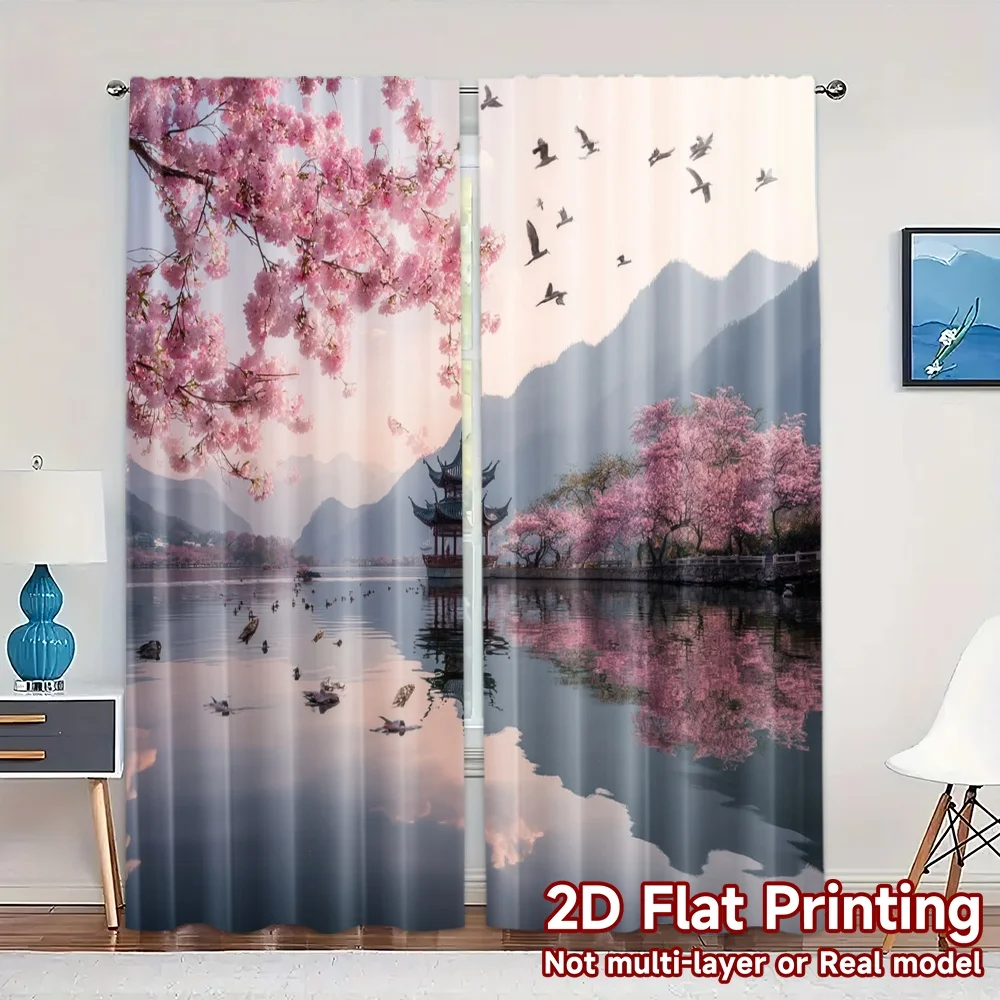 2pcs, 2D FLAT PRINTING Curtains (Without Rod) Tranquil Blossom Fashionable Chic Curtains Durable 100% Polyester Fabric Curtains
