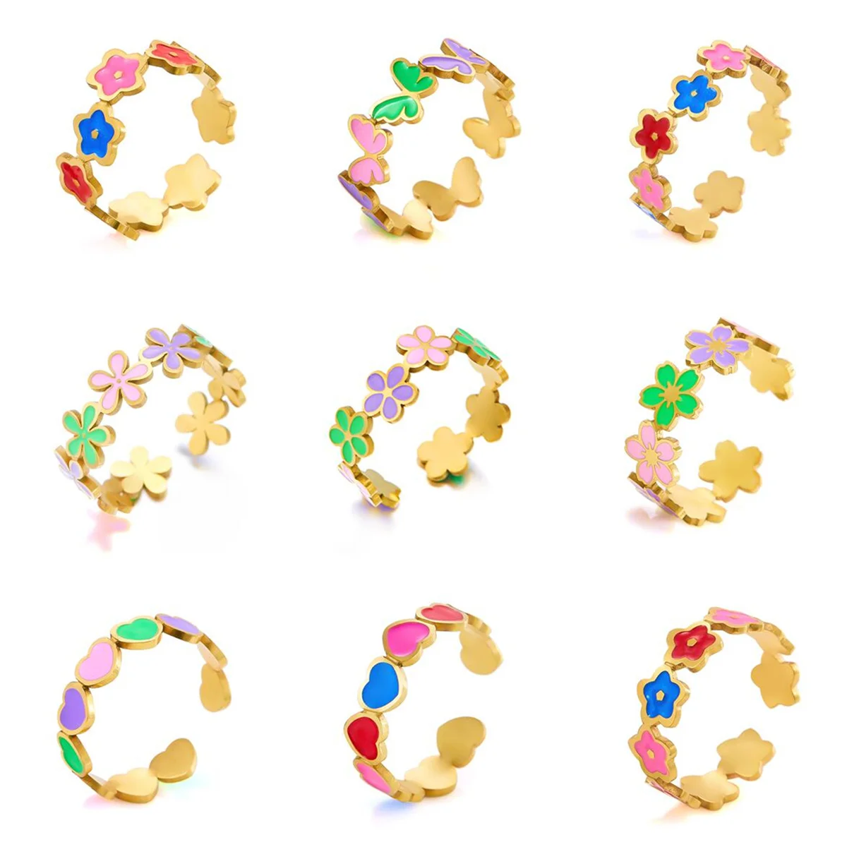 Exquisite Stainless Steel Colorful Enamel Flower Opening Rings For Women Men Fashion Vintage Butterfly Heart Finger Ring Jewelry