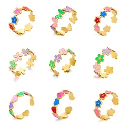 Exquisite Stainless Steel Colorful Enamel Flower Opening Rings For Women Men Fashion Vintage Butterfly Heart Finger Ring Jewelry