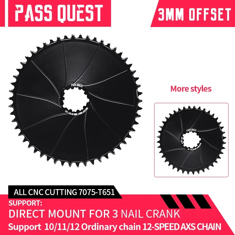 PASS QUEST Bicycle Chainring 3mm Offset Norrow Wide Teeth Closed disc Direct Mount Chainwheel For SRAM GXP DUB AXS 36T-54T