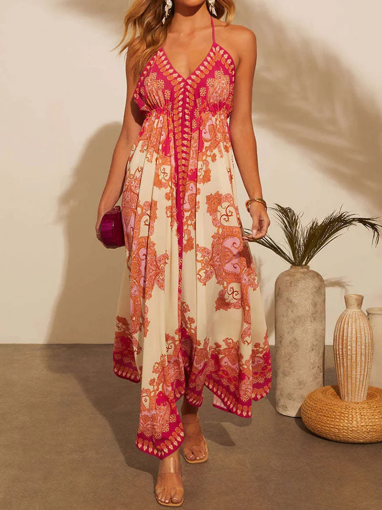 Damska letnia sukienka z nadrukiem, patchworkowa, elegancka sukienka na imprezę, bandażowa, prosta sukienka maxi bez rękawów, dekolt w szpic, sukienka damska bez pleców 2025