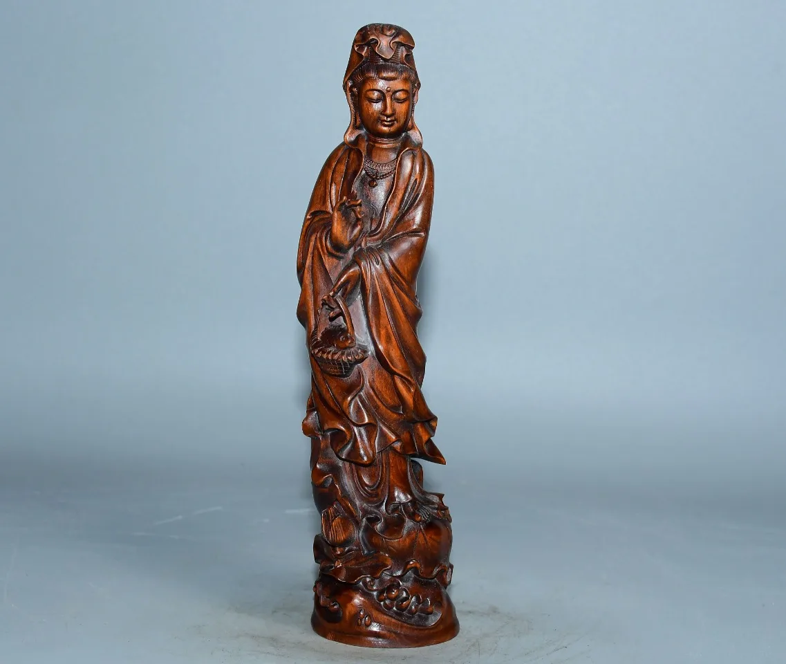 

8"Tibetan Temple Collection Old Boxwood Flower Basket Guanyin Bodhisattva Standing Buddha Worship Hall Town house