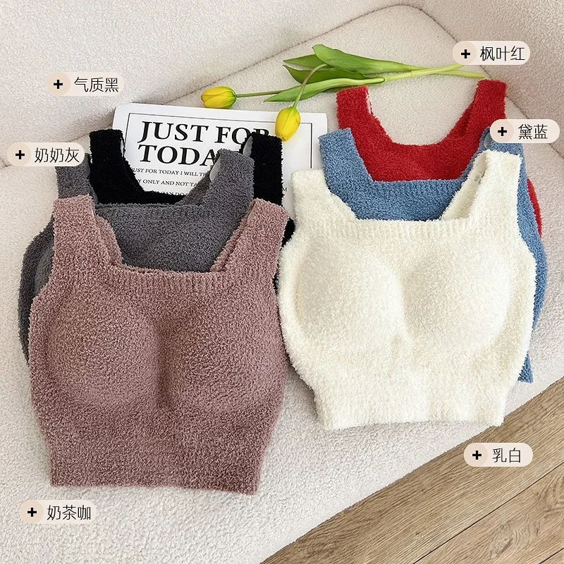 Lamb Plush Padded Warm Vest Without Wearing Bra One Piece Women Plush and Thickened Autumn and Winter Underwear
