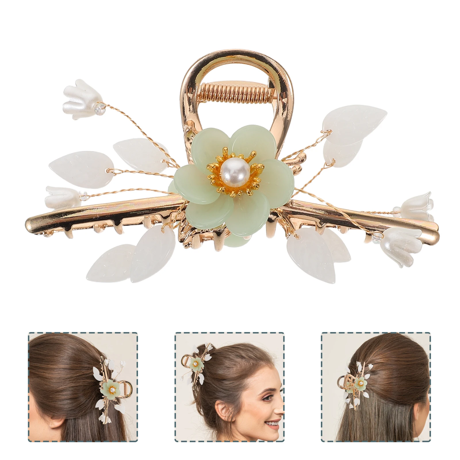 

Floral Hair Clip Elegant Pearl Metal Flower Claw Vintage Non Slip Secure Bun Holder Styling Hair Accessory Floral Claw Clip