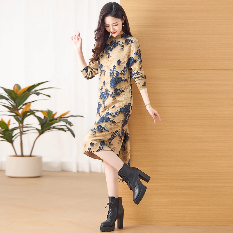 2023 neue Druck Gestrickte Baumwolle Langarm Midi Kleid Frauen Koreanische Elegante Casual Kleid Herbst Winter Dicke Warme Pullover Kleider