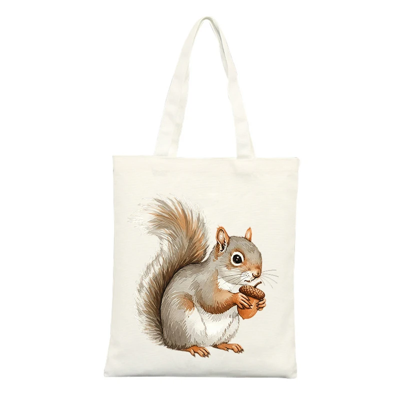 Canvas Tote Bag with Squirrel and Acorn Graphic, Ideal for Casual Shopping and Daily Use