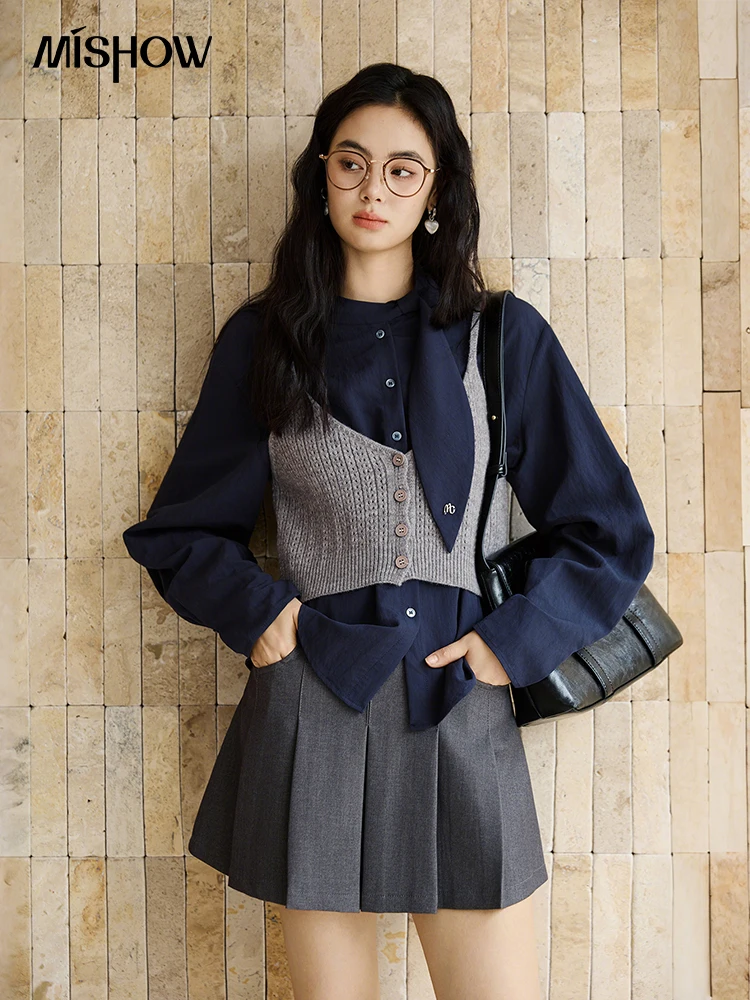 MISHOW Frau Hemd Set 2025, Herbst Mode Neue Marineblau Band Design Layered Hemd Stricken Leibchen Zwei-stück Anzug MXE47T1412