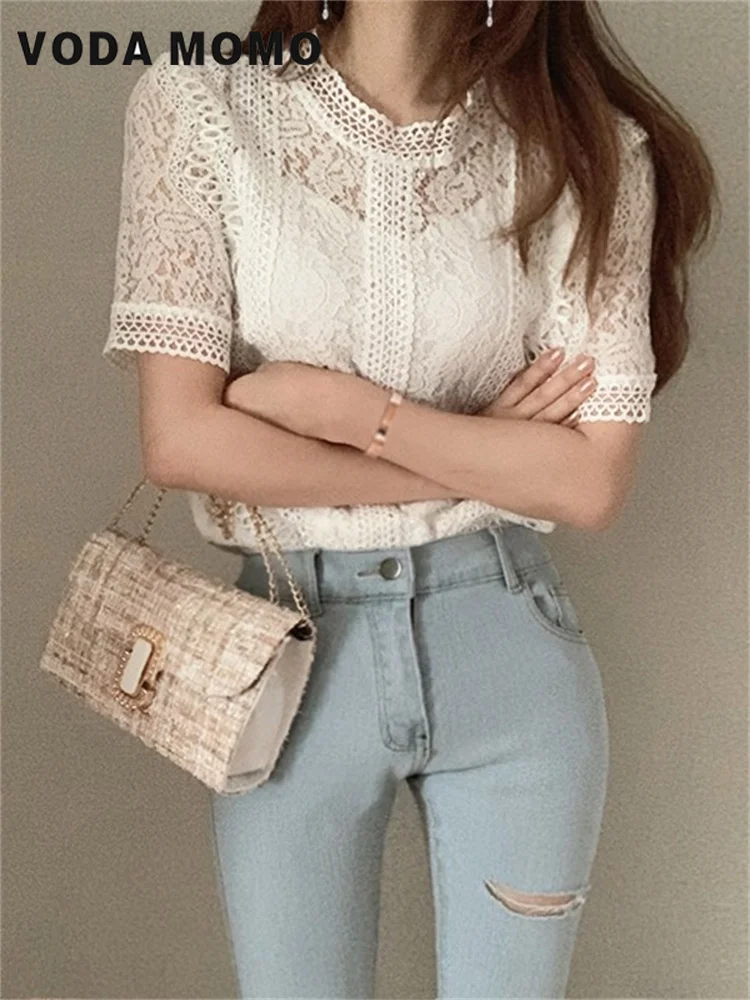 여름 한국 세련된 탑 자른 셔츠 여성 짧은 소매 오-넥 캐주얼 레이스 중공 우아한 패션 레트로 모든 경기 슬림