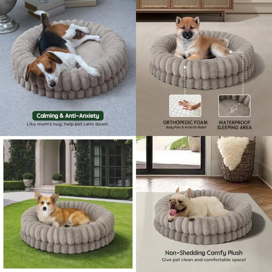 

Luxury Donut Dog Bed, 30 Inch Round Dog Bed Medium Size Dogs Washable, Orthopedic Calming Dogs Bed for Pets with Anti-Slip Bott