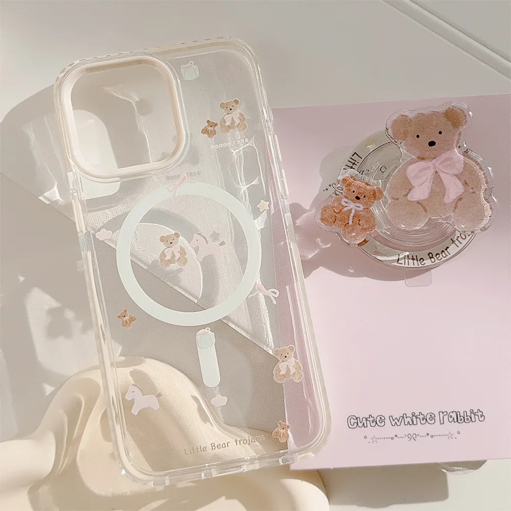 Korean Cartoon Bear Bracket Magnetic Phone Case for iPhone 17 16 15 12 13 14 Pro Max Wireless Charging Clear Shockproof Cover