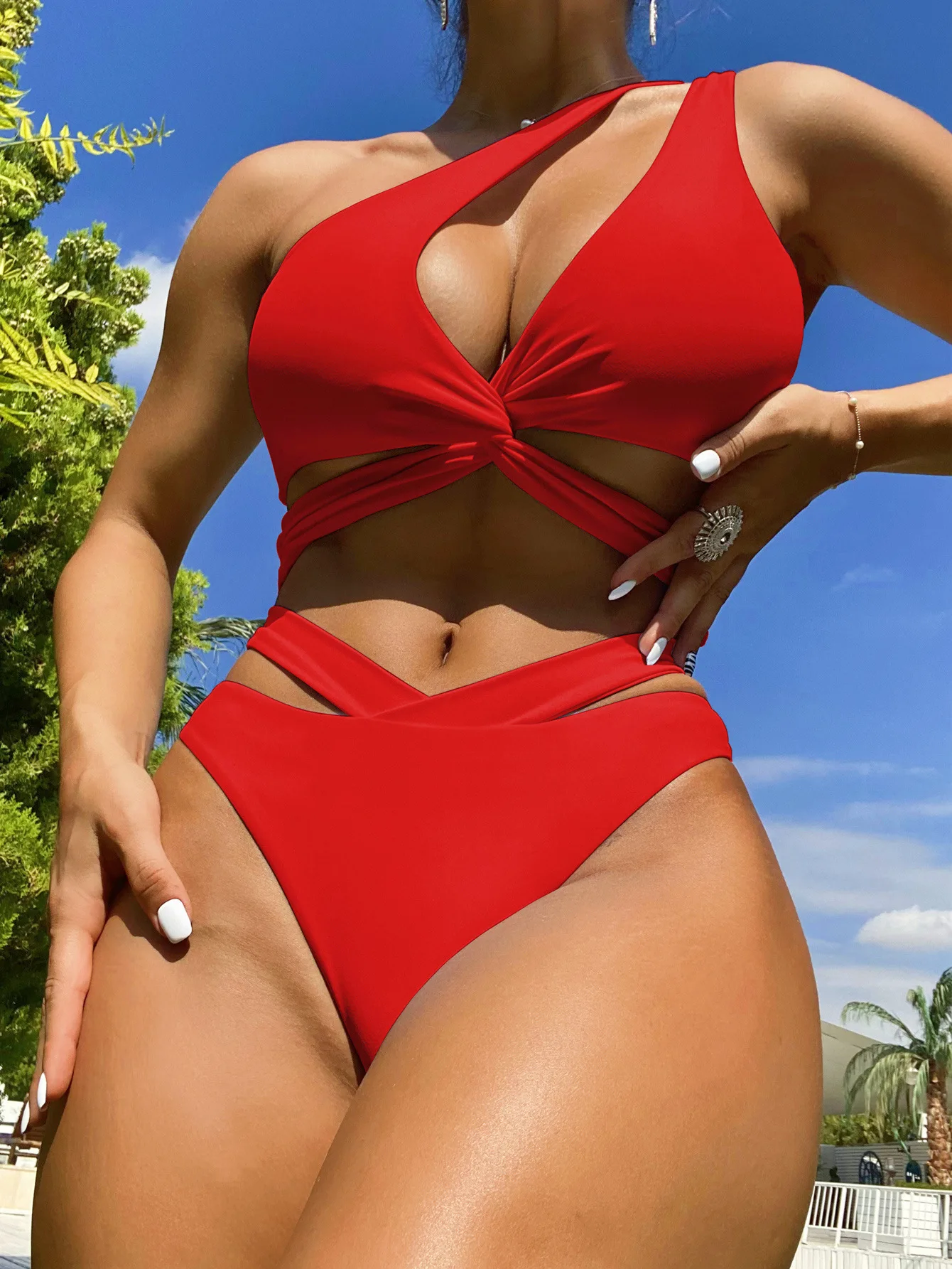 Traje de baño para mujer 2024 Tankini femenino traje de baño de Color sólido un hombro sin espalda Bikini Sexy traje de baño de dos piezas con tirantes de primavera caliente