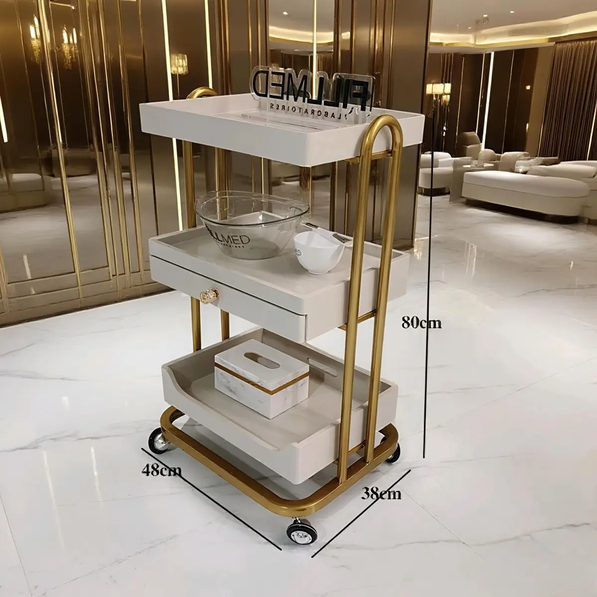 

Элитная оригинальная тележка класса люкс для салонов красоты и ухода за кожей с деревянной полкой для хранения и металлическим пластиковым стеллажом для инструментов