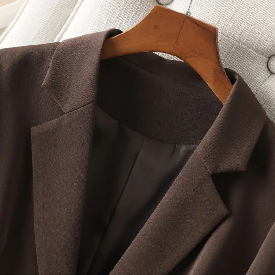 سترة بنية للنساء، للربيع والخريف، نمط مكان العمل، متعددة الاستخدامات، كاجوال، سترة بدلة صغيرة بأكمام طويلة