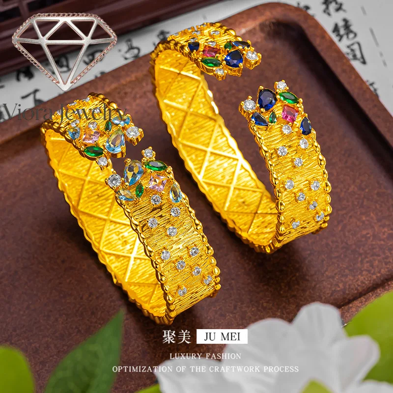Viora Jewelry 9999 24K real gold star open bracelet, gemstone point diamond open design, exquisite and high-end hand jewelry
