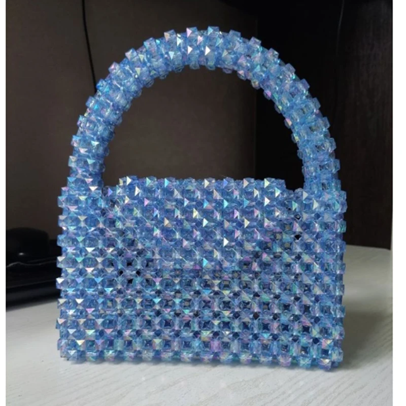 

Ladies Top Handle Bag Sparkling Blue Square Beaded Women's Bags Customized Color Handmade Beaded Handbag New Party Evening Bag