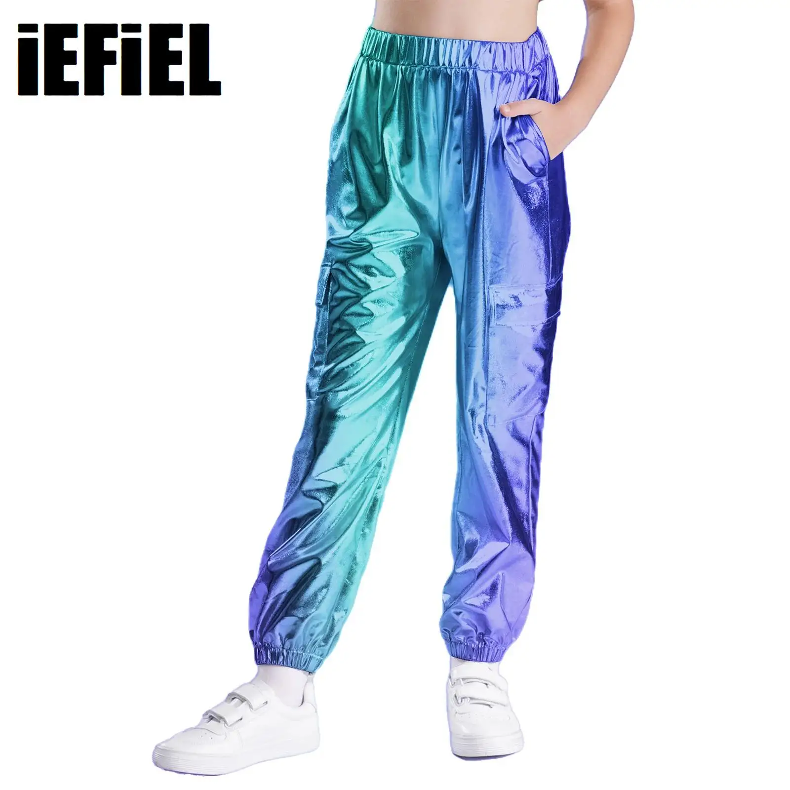 

Kids Boys Girls Metallic Shiny Pants Unisex Elastic Waistband Trousers with Pockets for Hip-Hop Jazz Dance