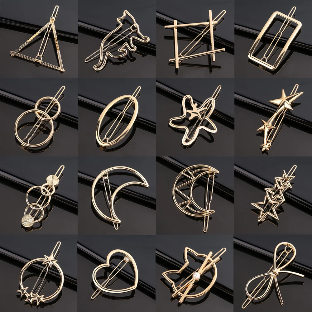 Fashion Metal Frog Clip Triangle Moon Hairpin Word Clip Elegant Star Round Barrette For Women Girl Alloy Ladies Hair Accessories